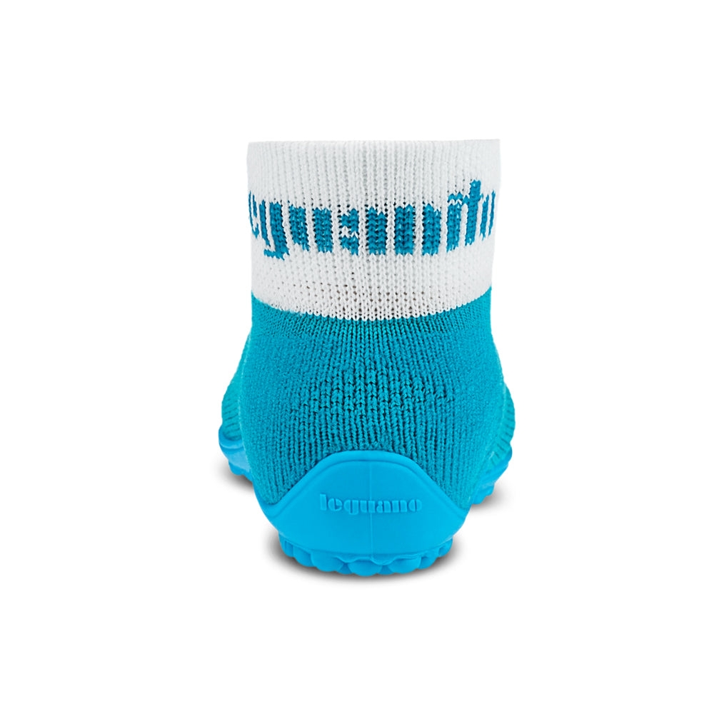 Leguanito Barfußschuhe für Kinder von Leguano in Türkis – Sockenschuhe, Rückansicht, erhältlich im barfusswelteb.com Barfußschuhe Onlineshop