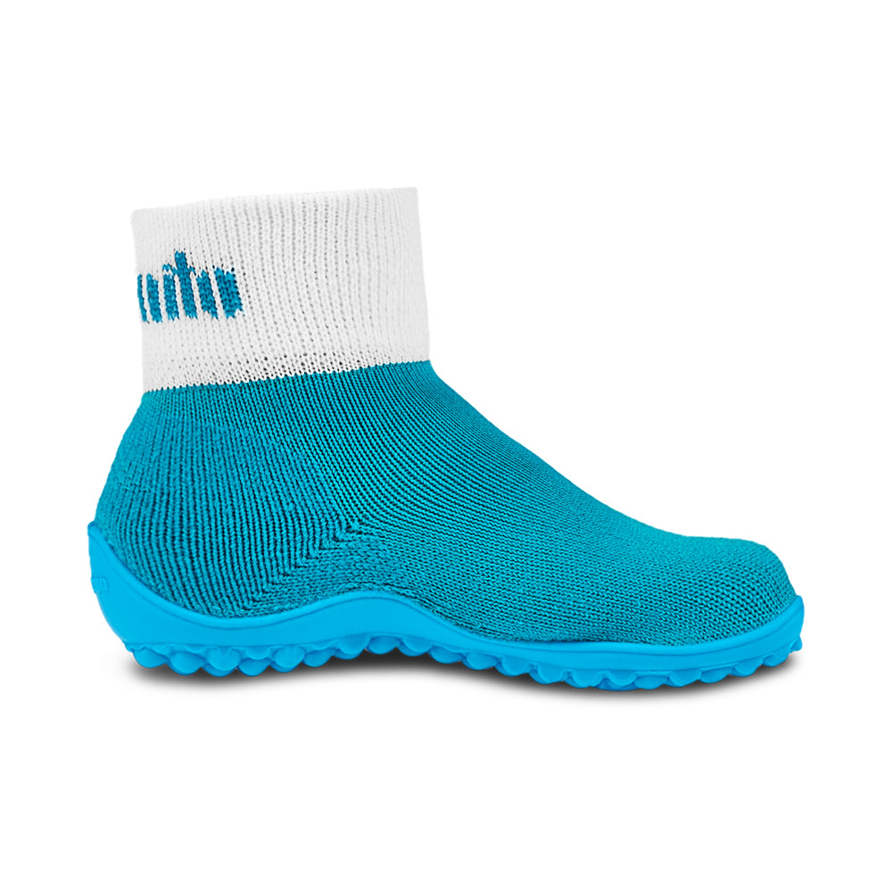 Leguanito Barfußschuhe für Kinder von Leguano in Türkis – Sockenschuhe, Seitenansicht von rechts, erhältlich im barfusswelteb.com Barfußschuhe Onlineshop
