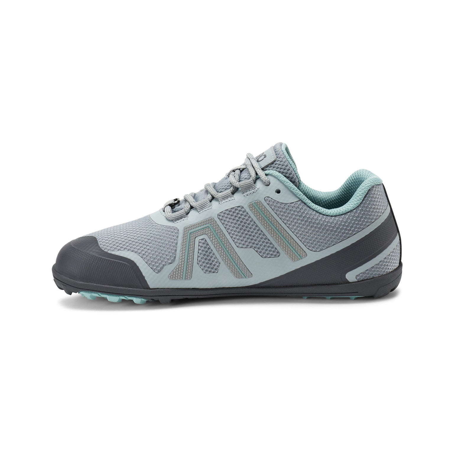 Linke Seitenansicht der Xero Shoes Mesa Trail WP Damen Barfußschuhe in mist, wasserdichte Wanderschuhe im Onlineshop für Barfußschuhe