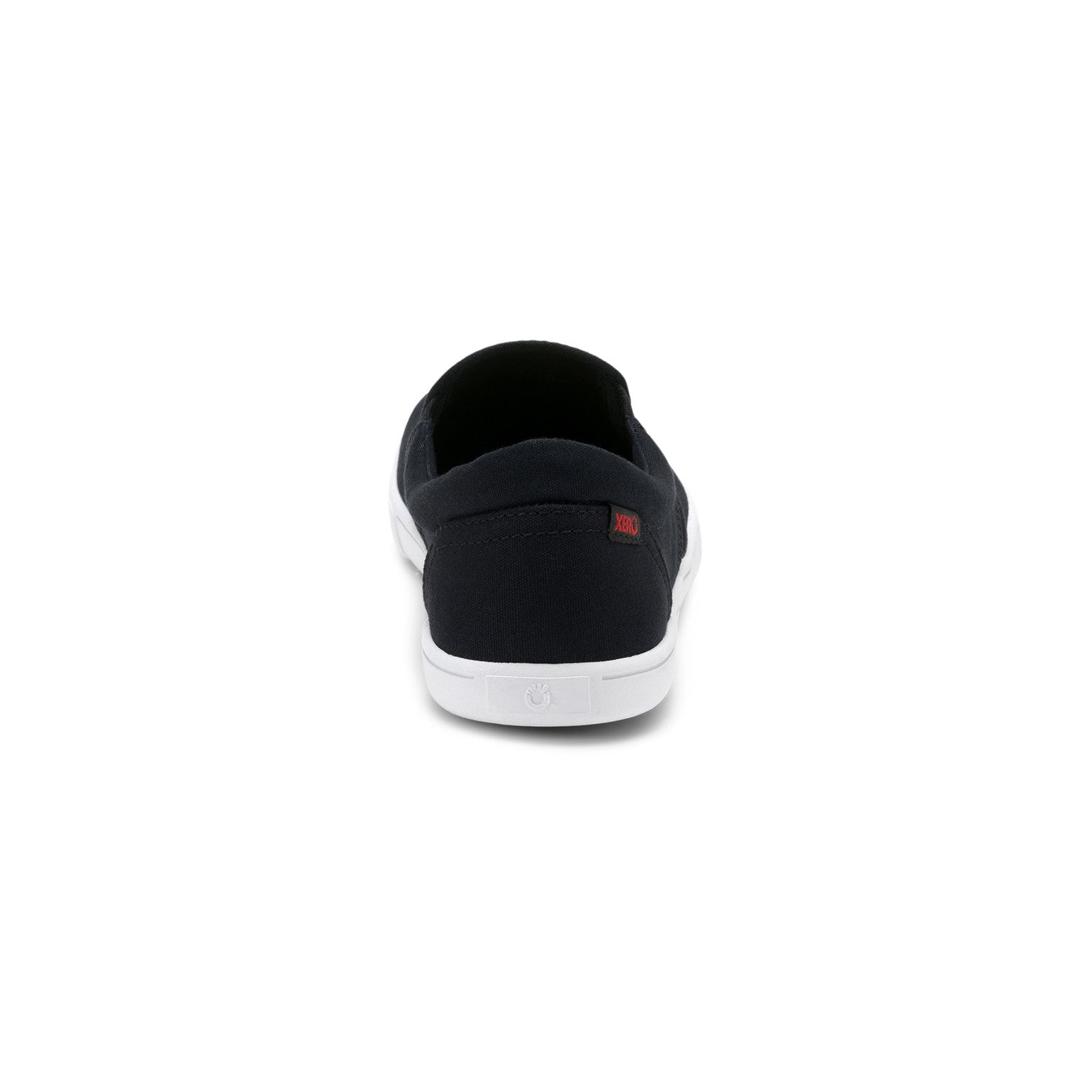 Xero Shoes Dillon Canvas Slip-On Barfußschuhe für Damen in Schwarz aus der Rückansicht, bequem und vielseitig für den Alltag. Erhältlich in unserem Onlineshop für Barfußschuhe.